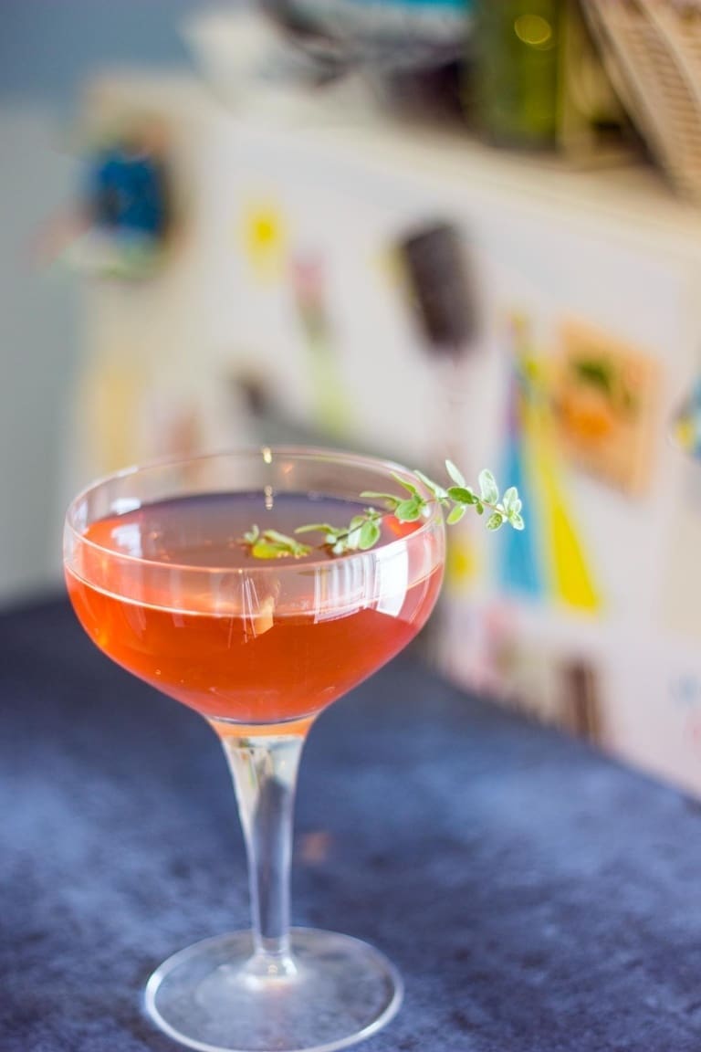 Heidi: a new cocktail recipe made with pink wine, gin, apple juice, absinthe and marjoram