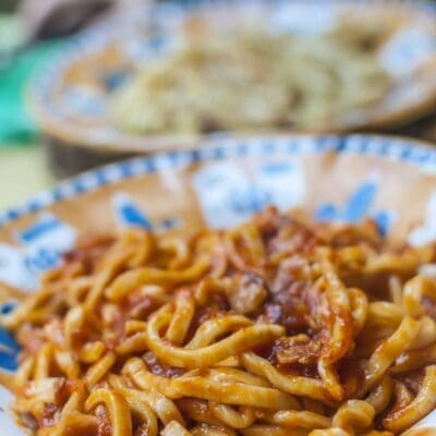 Easter recipes pici with lamb ragù, Italian first course recipe, pasta with lamb