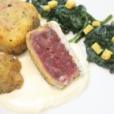 Michelin star recipes at home crunchy lamb tartare with Pecorino fondue, Easter