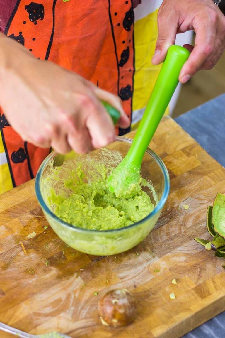 mash avocado to make guacamole, like making real Mexican guacamole
