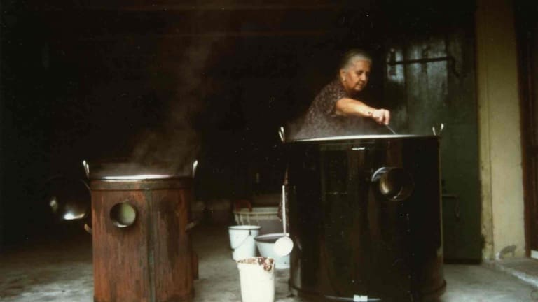 Paioli con mosto cotto per la produzione di aceto balsamico tradizionale Modena