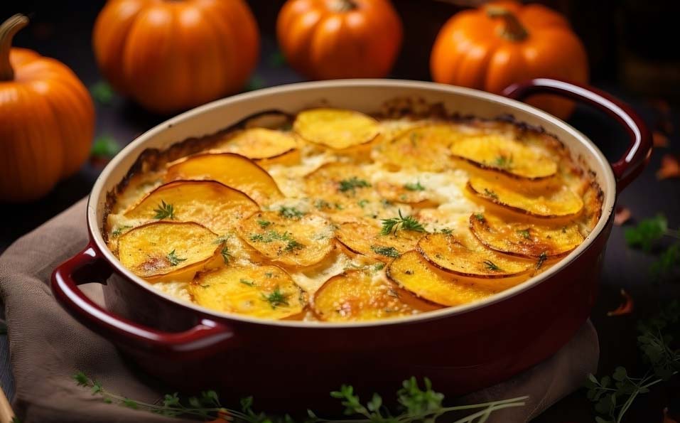 Potato and pumpkin casserole with roasted onions and Feta